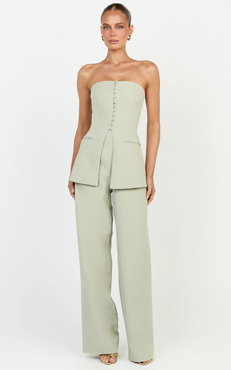 Amelia Two Piece Top and Pant Set - Strapless Button Down Top And Tailored Wide Leg Pants Set in Sage