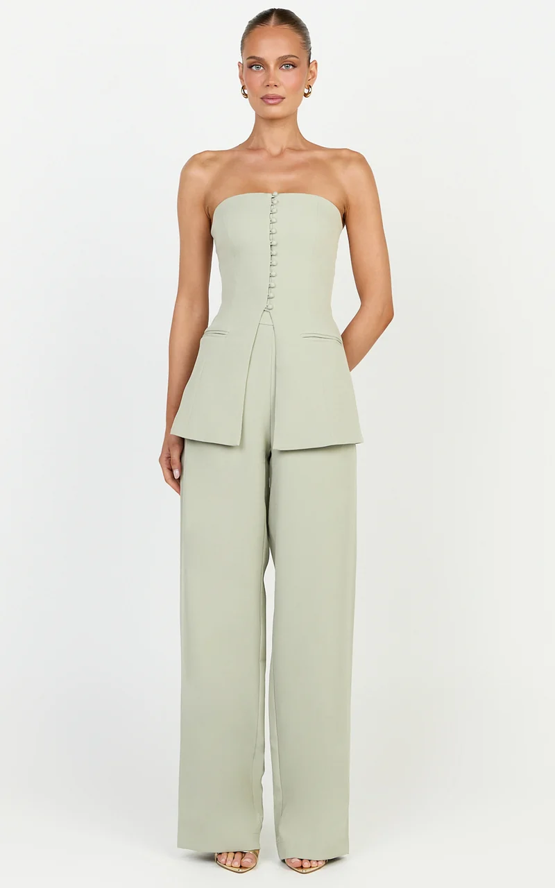 Amelia Two Piece Top and Pant Set - Strapless Button Down Top And Tailored Wide Leg Pants Set in Sage