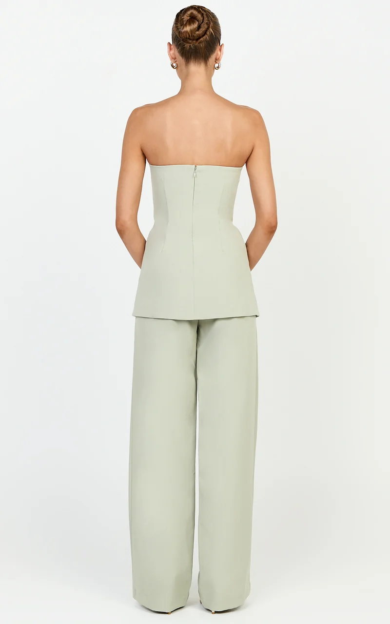 Amelia Two Piece Top and Pant Set - Strapless Button Down Top And Tailored Wide Leg Pants Set in Sage