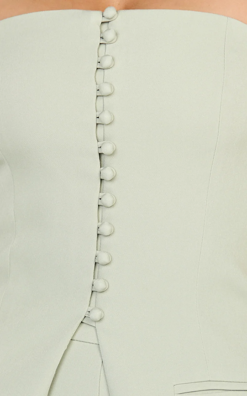 Amelia Two Piece Top and Pant Set - Strapless Button Down Top And Tailored Wide Leg Pants Set in Sage