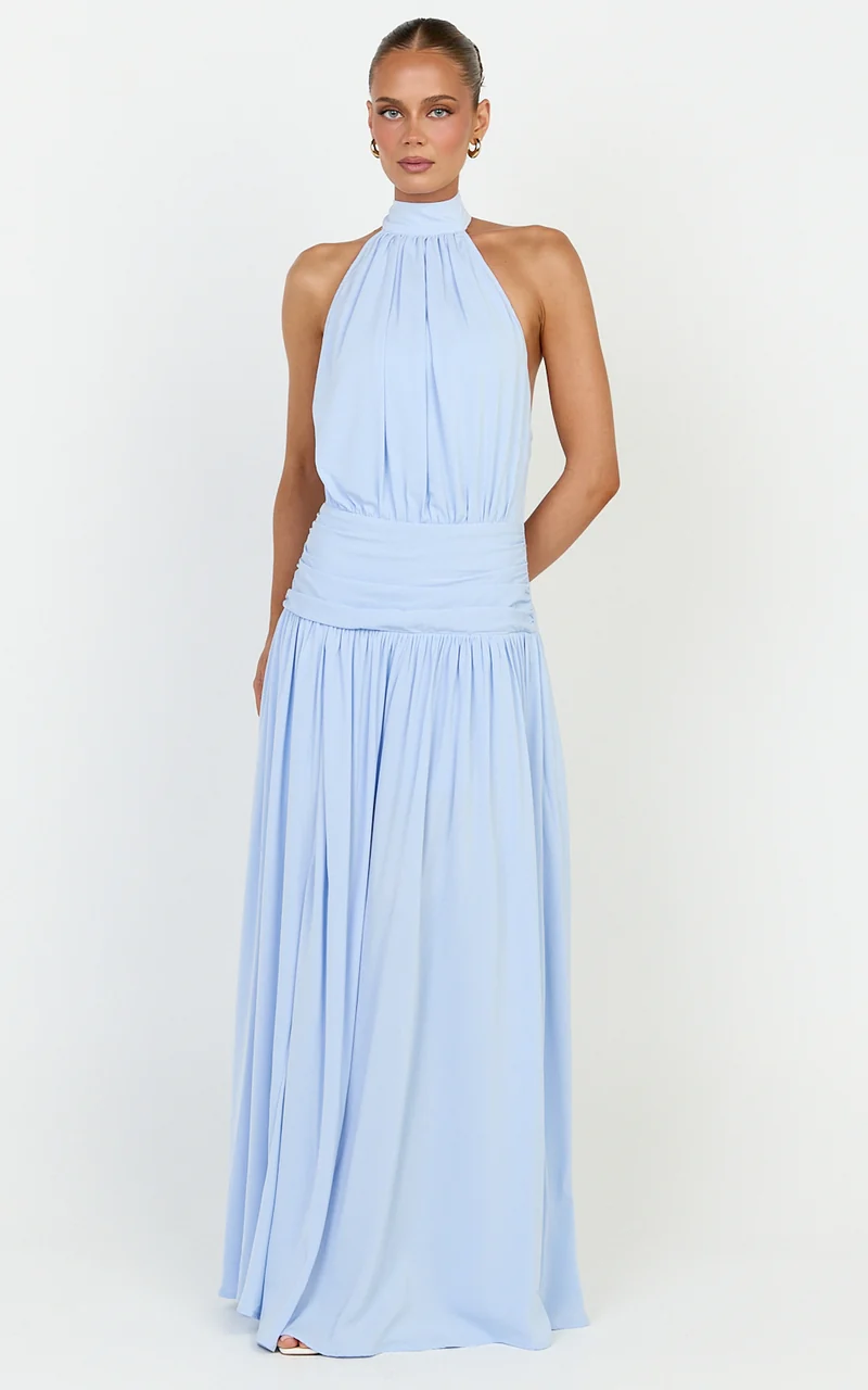 Lila Maxi Dress - Backless High Neck Halter Dress in Blue