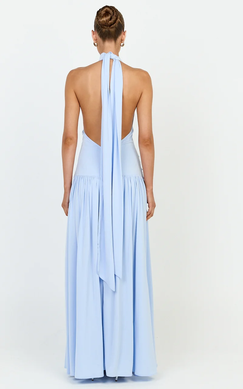 Lila Maxi Dress - Backless High Neck Halter Dress in Blue