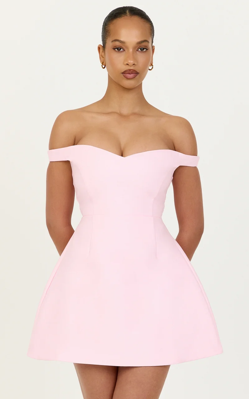 Holly Mini Dress - Off The Shoulder Sweetheart Neck Tulip Skirt Dress in Pink