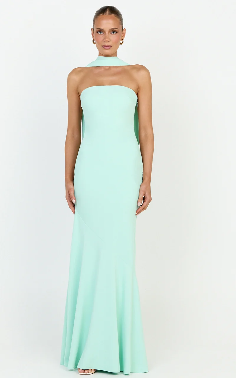 Lolly Maxi Dress - Strapless Bias Column Dress with Scarf in Mint