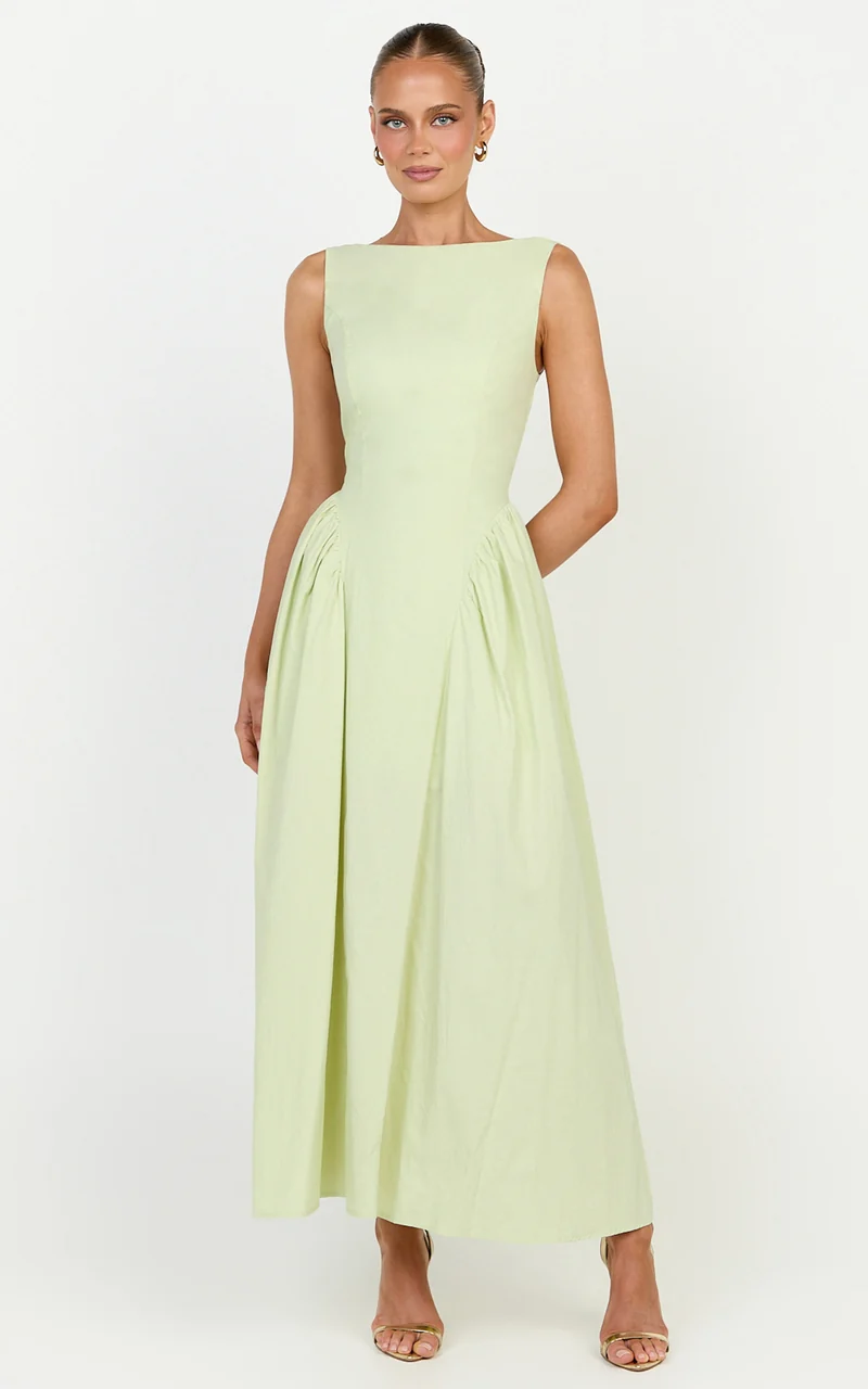 Casina Midi Dress - Boat Neck Tie Back Fit And Flare Dress in Sage