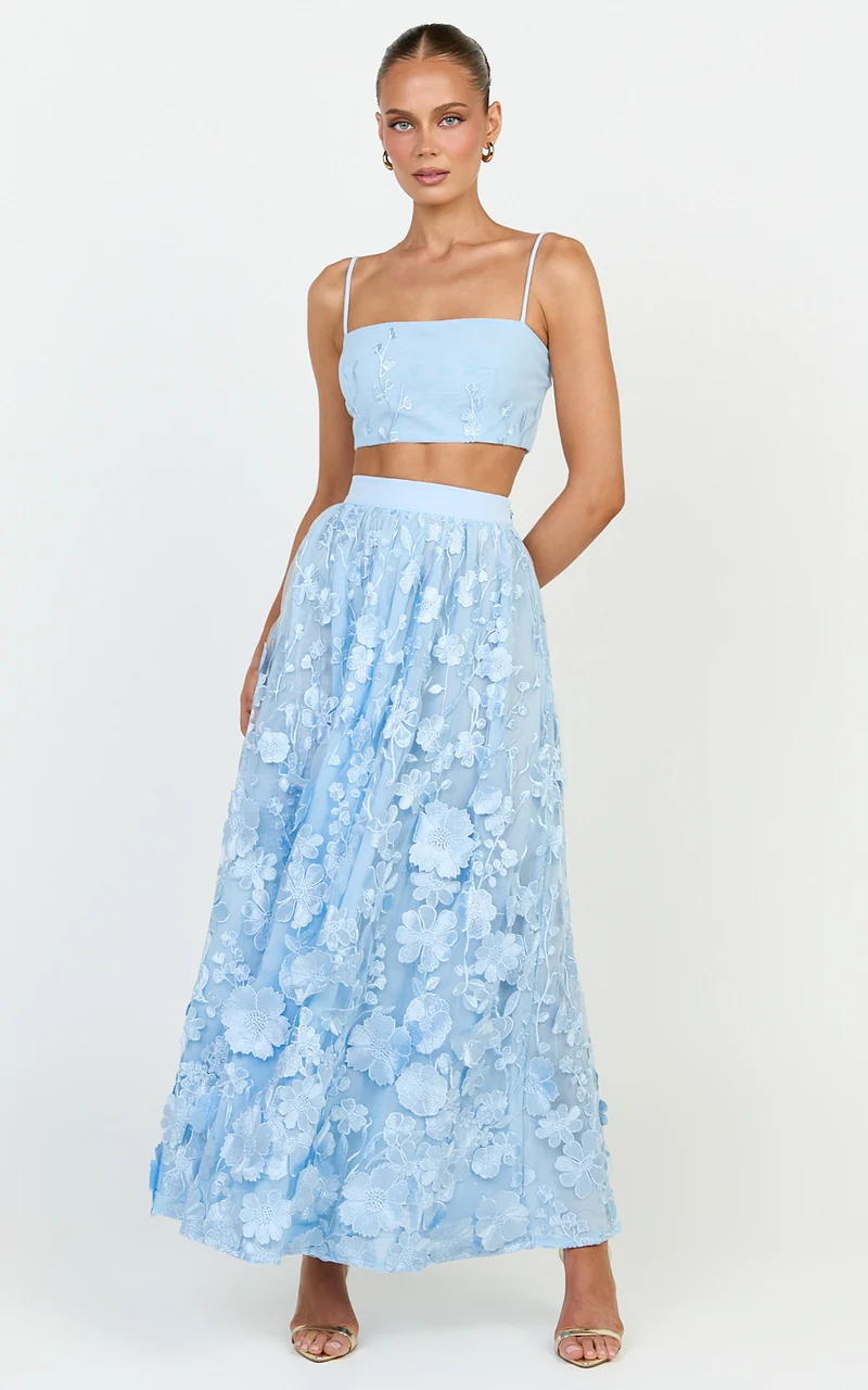 Beth Two Piece Top and Skirt Set - Floral Lace Micro Crop Top And A Line Maxi Skirt Set in Blue