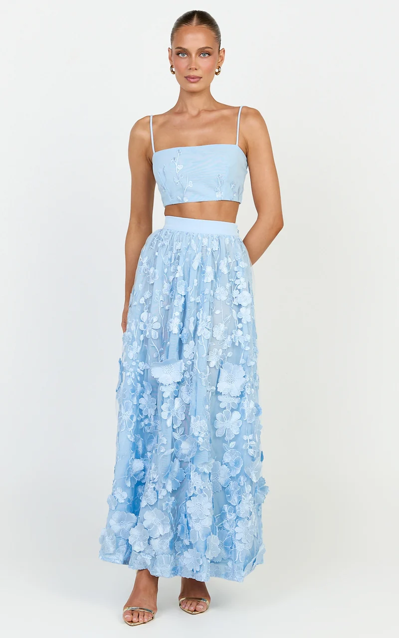 Beth Two Piece Top and Skirt Set - Floral Lace Micro Crop Top And A Line Maxi Skirt Set in Blue