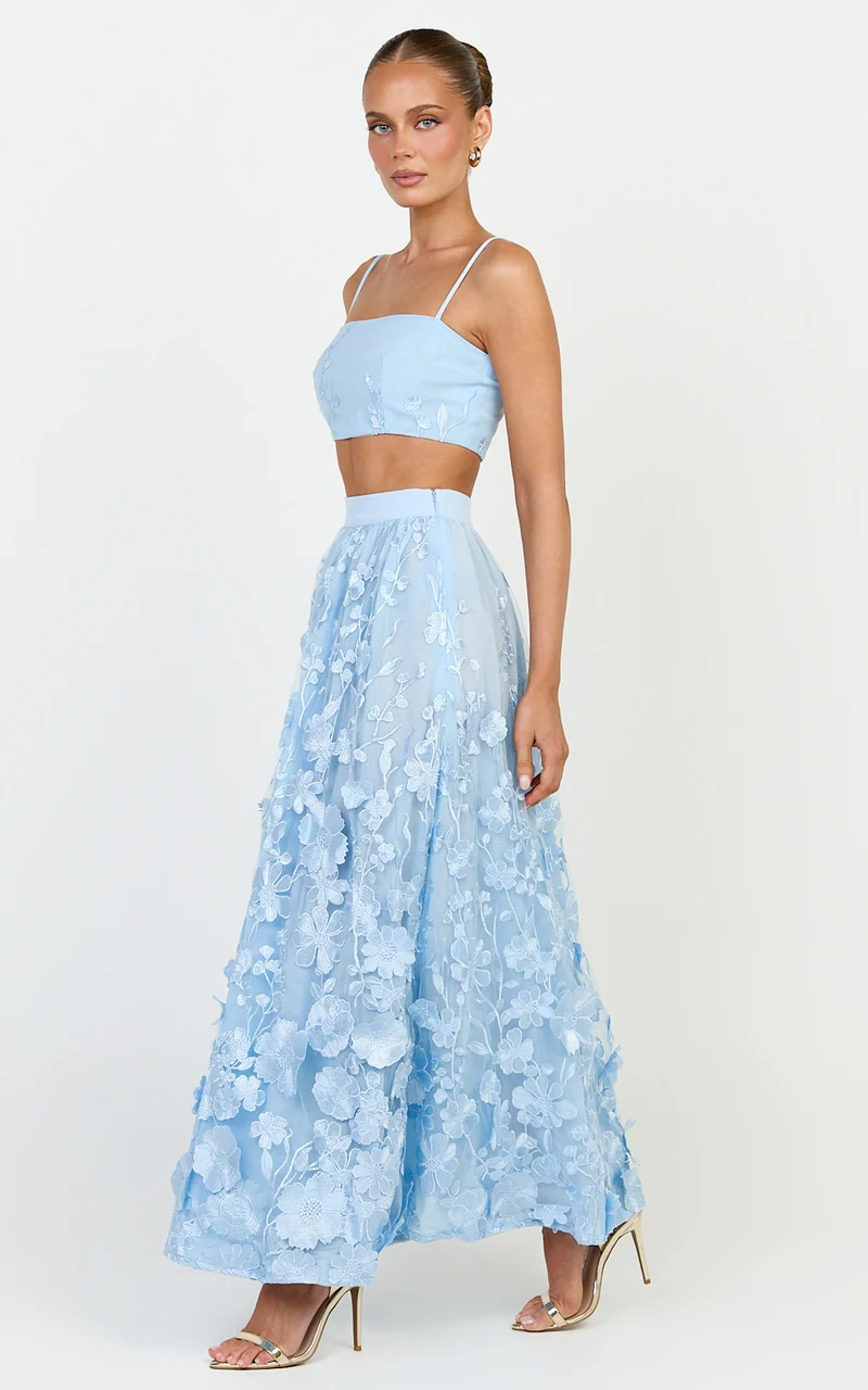 Beth Two Piece Top and Skirt Set - Floral Lace Micro Crop Top And A Line Maxi Skirt Set in Blue