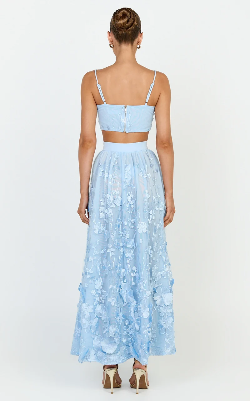 Beth Two Piece Top and Skirt Set - Floral Lace Micro Crop Top And A Line Maxi Skirt Set in Blue
