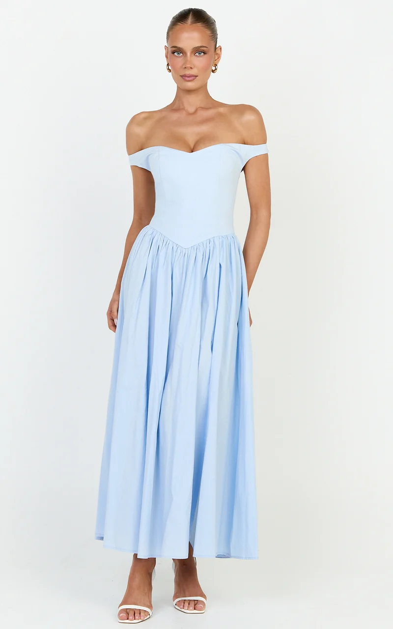 Lacey Midi Dress - Off Shoulder Gathered Waist Dress in Blue