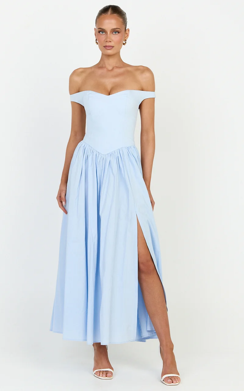 Lacey Midi Dress - Off Shoulder Gathered Waist Dress in Blue