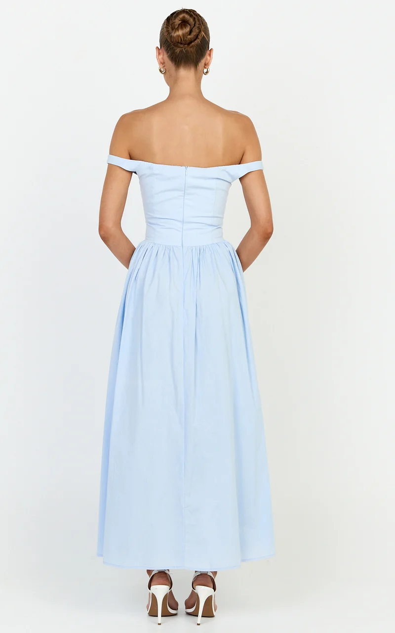 Lacey Midi Dress - Off Shoulder Gathered Waist Dress in Blue