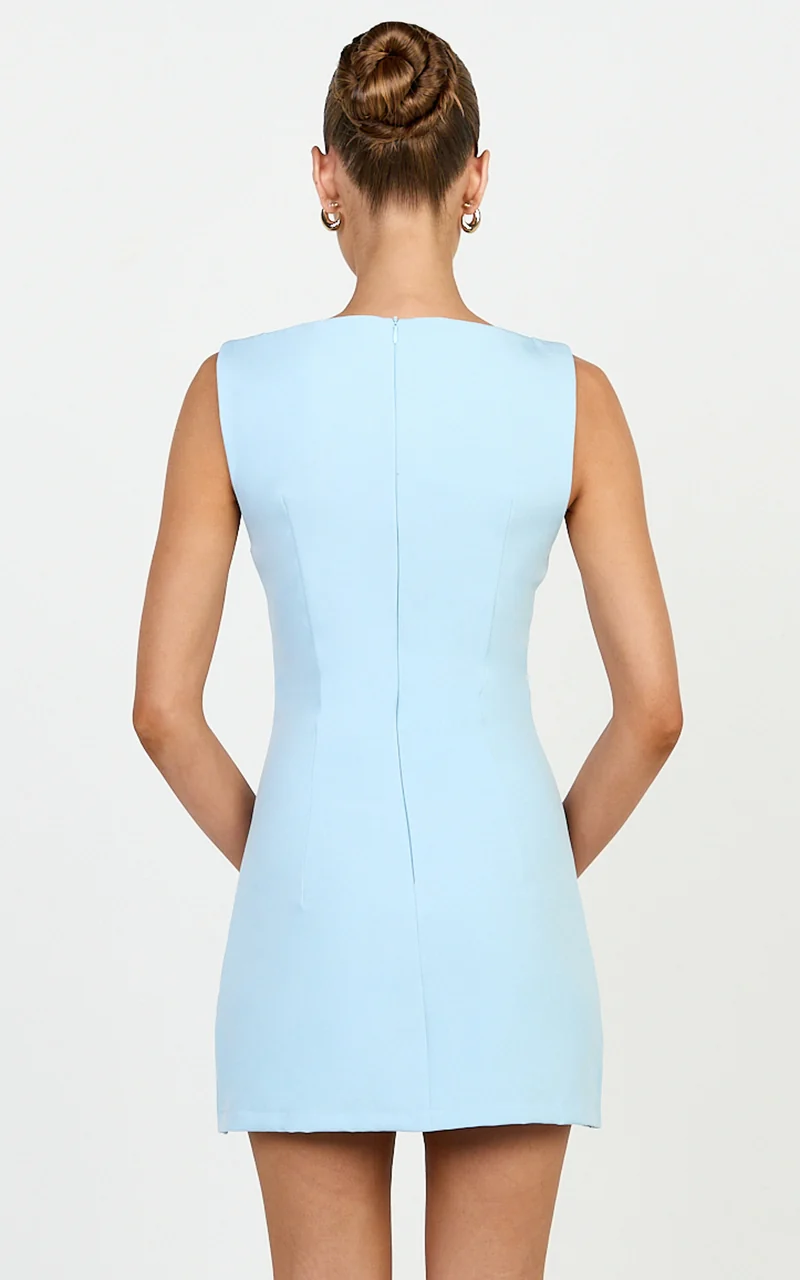 Adela Mini Dress - Mock Button Thru Boat Neck Dress in Baby Blue