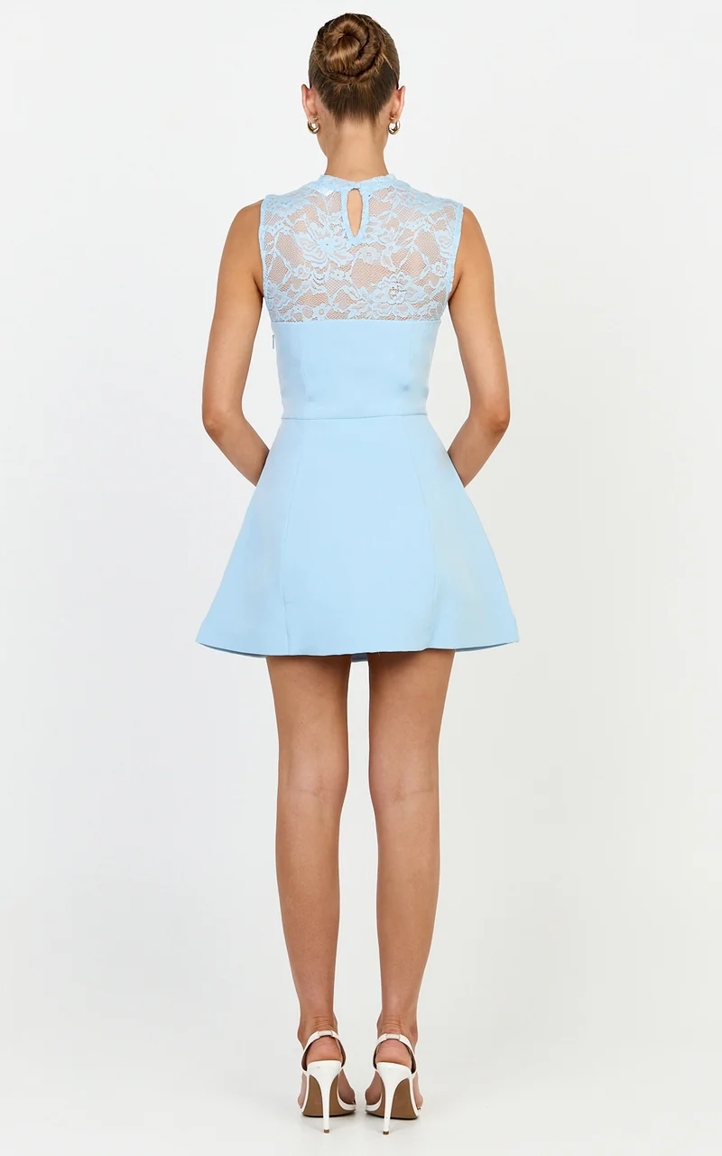 Sia Mini Dress - Cut out Contrast Lace Tulip Skirt Dress in Light Blue