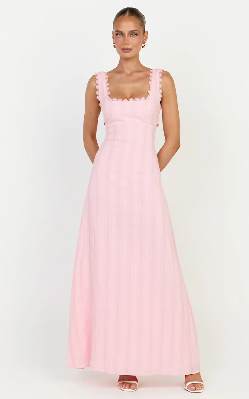 Roxanne Midi Dress - Square Neck Fit And Flare Dress in Pink