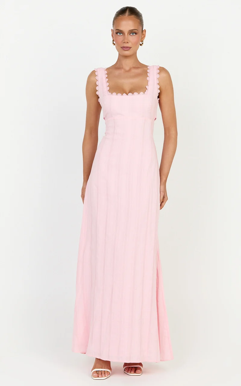 Roxanne Midi Dress - Square Neck Fit And Flare Dress in Pink
