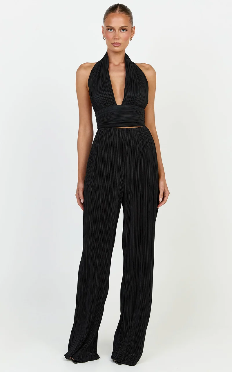 Tessie Pants - High Waist Plisse Relaxed Pants in Black