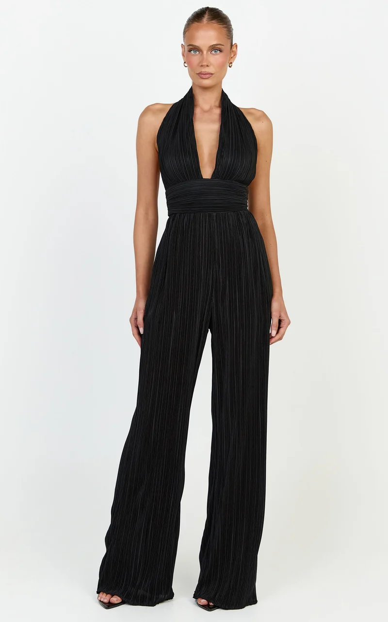 Tessie Pants - High Waist Plisse Relaxed Pants in Black