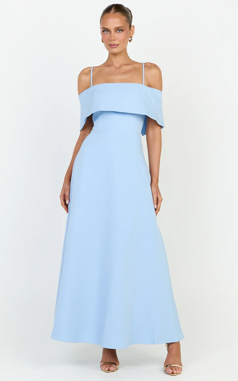 Aviana Midi Dress - Bodice Overlay A Line Dress in Blue