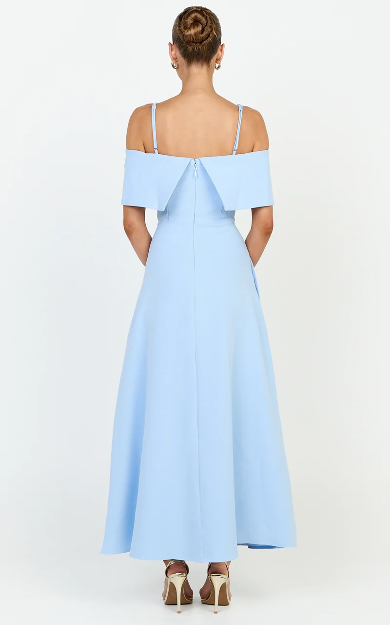 Aviana Midi Dress - Bodice Overlay A Line Dress in Blue