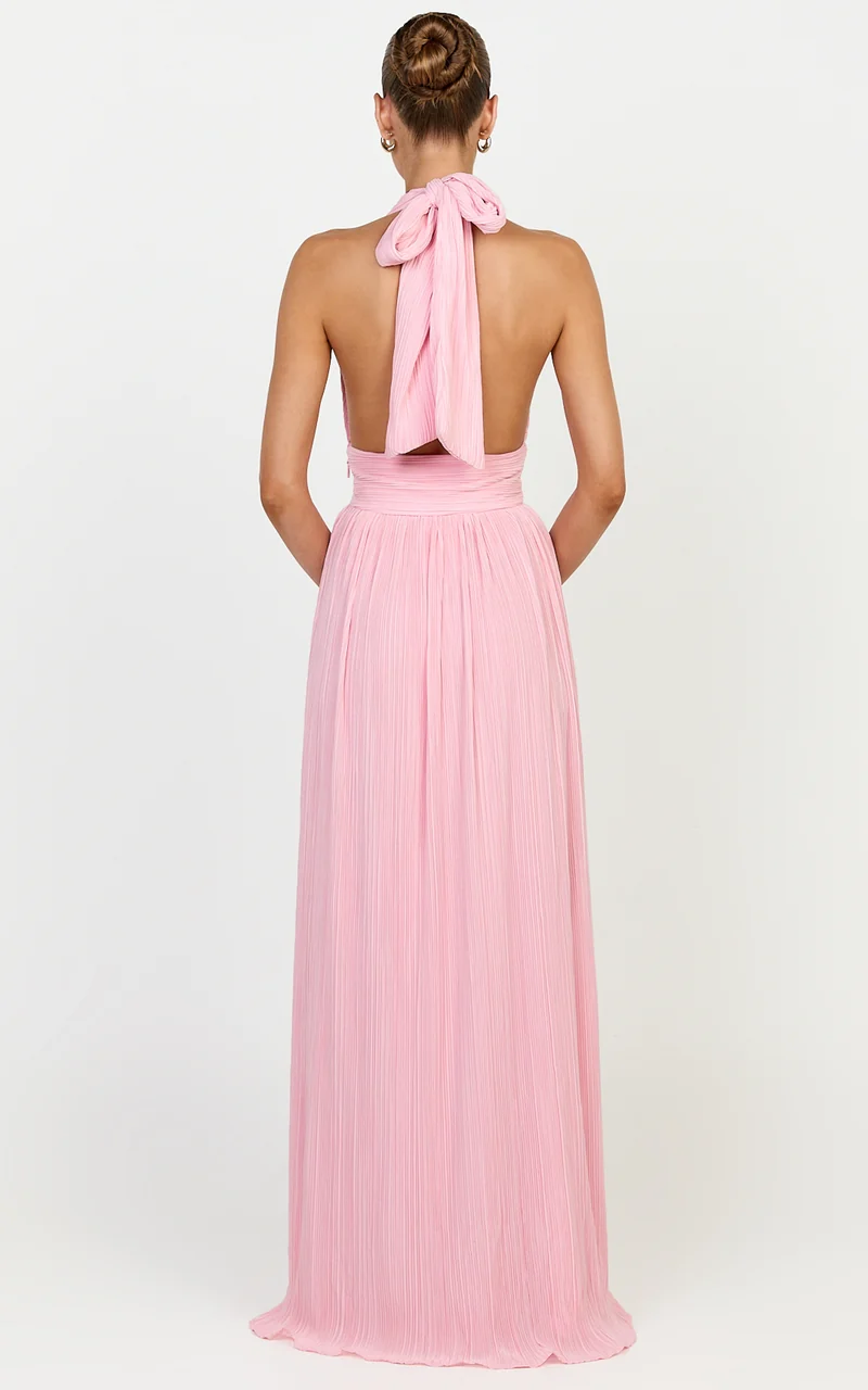 Aurelia Maxi Dress - Plisse Halter Neck Dress in Pink
