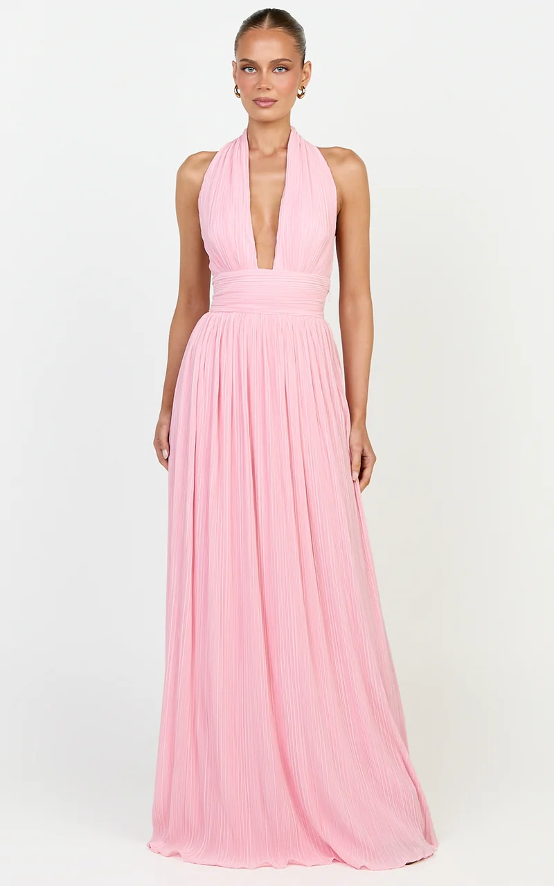 Aurelia Maxi Dress - Plisse Halter Neck Dress in Pink