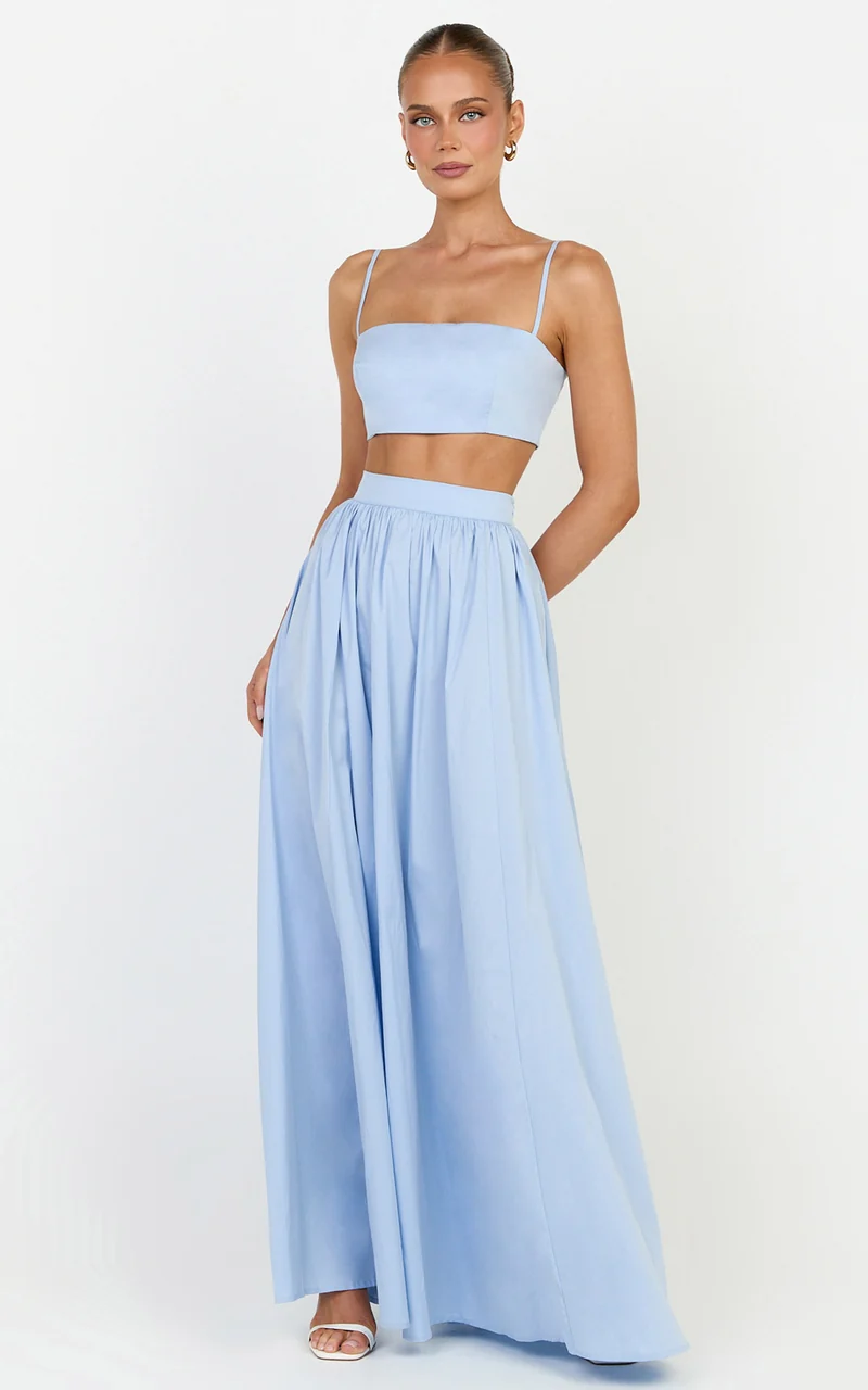 Tegan Two Piece Set - Straight Neck Micro Crop Top and A Line Maxi Skirt Set in Blue