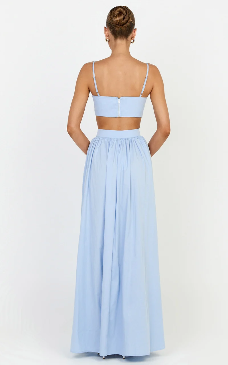 Tegan Two Piece Set - Straight Neck Micro Crop Top and A Line Maxi Skirt Set in Blue