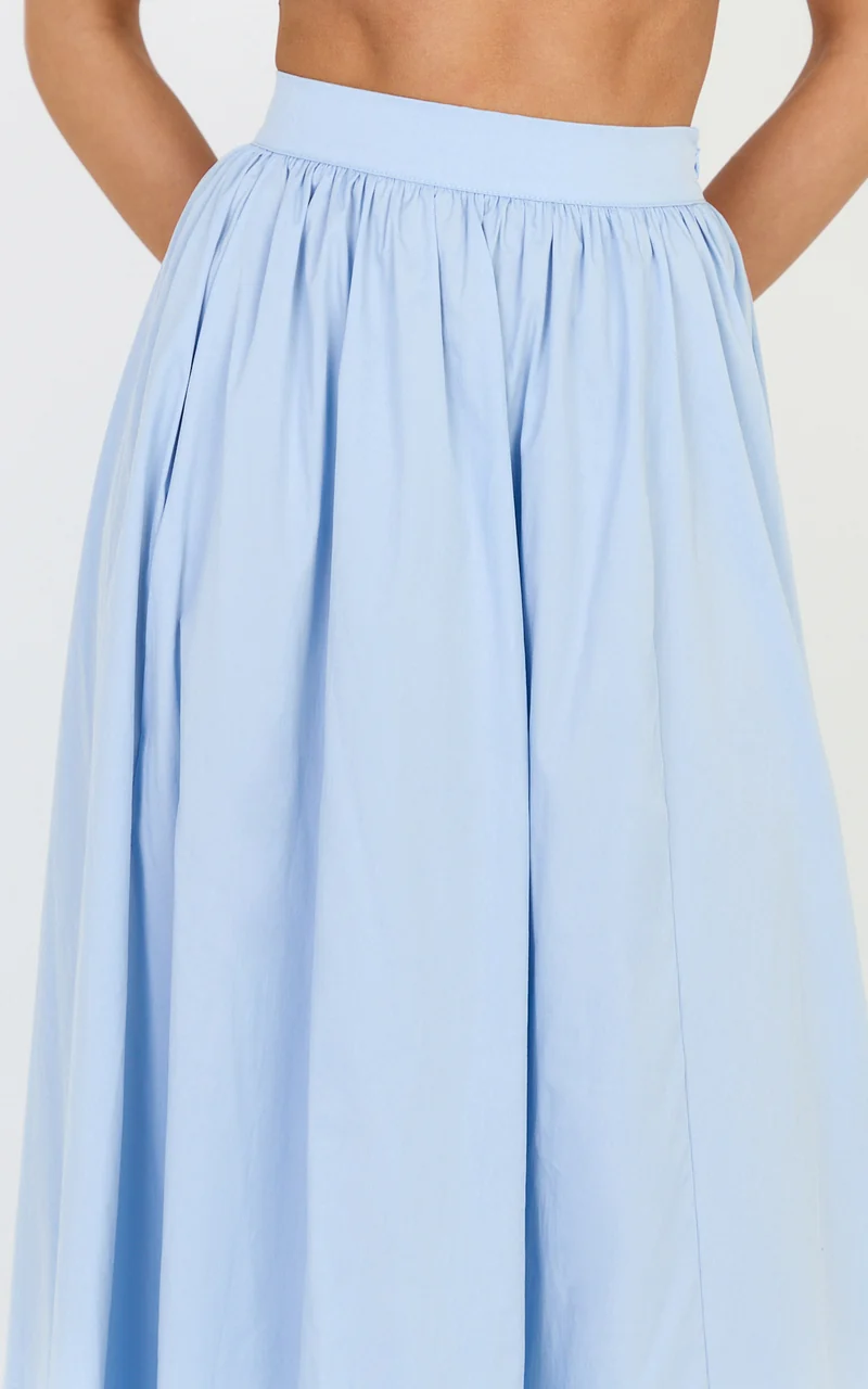 Tegan Two Piece Set - Straight Neck Micro Crop Top and A Line Maxi Skirt Set in Blue