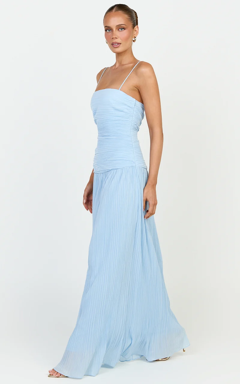 Ashlee Maxi Dress - Strapless Plisse Dropped Waist Split Leg Dress in Light Blue