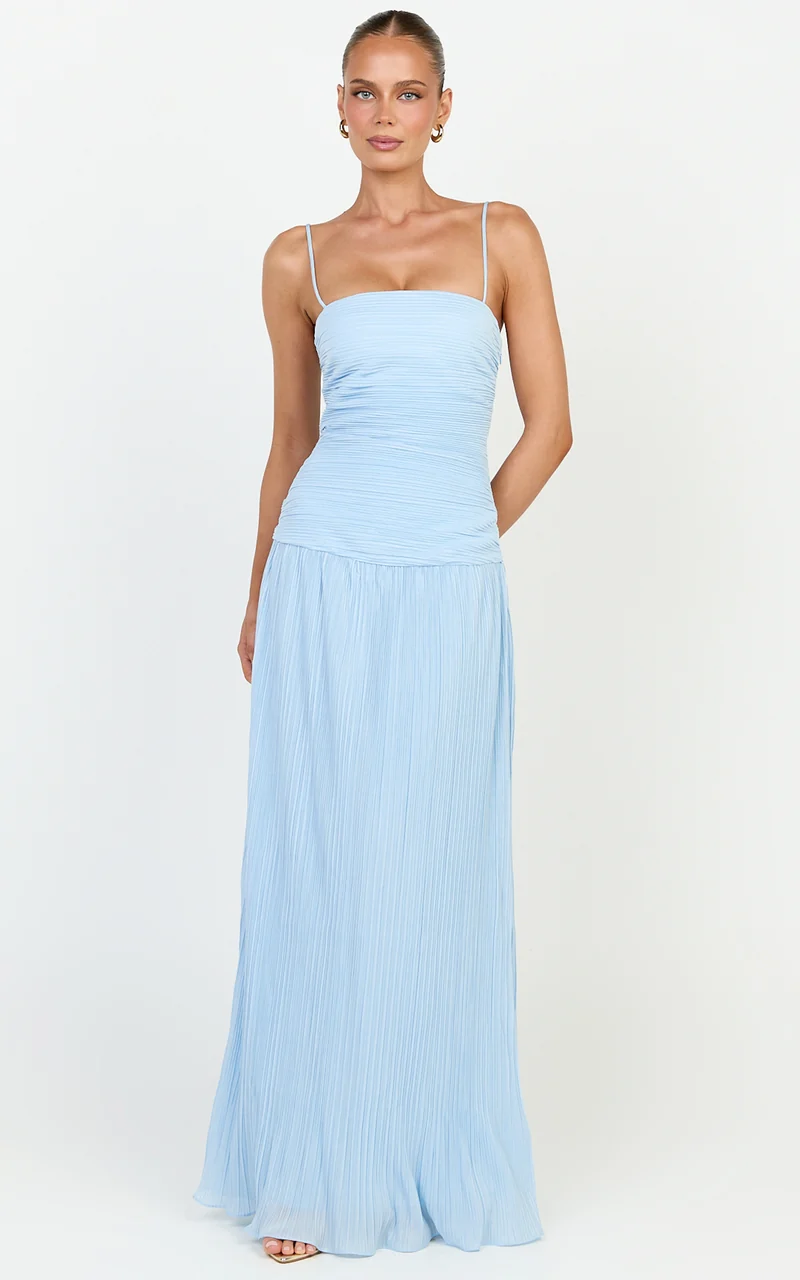Ashlee Maxi Dress - Strapless Plisse Dropped Waist Split Leg Dress in Light Blue