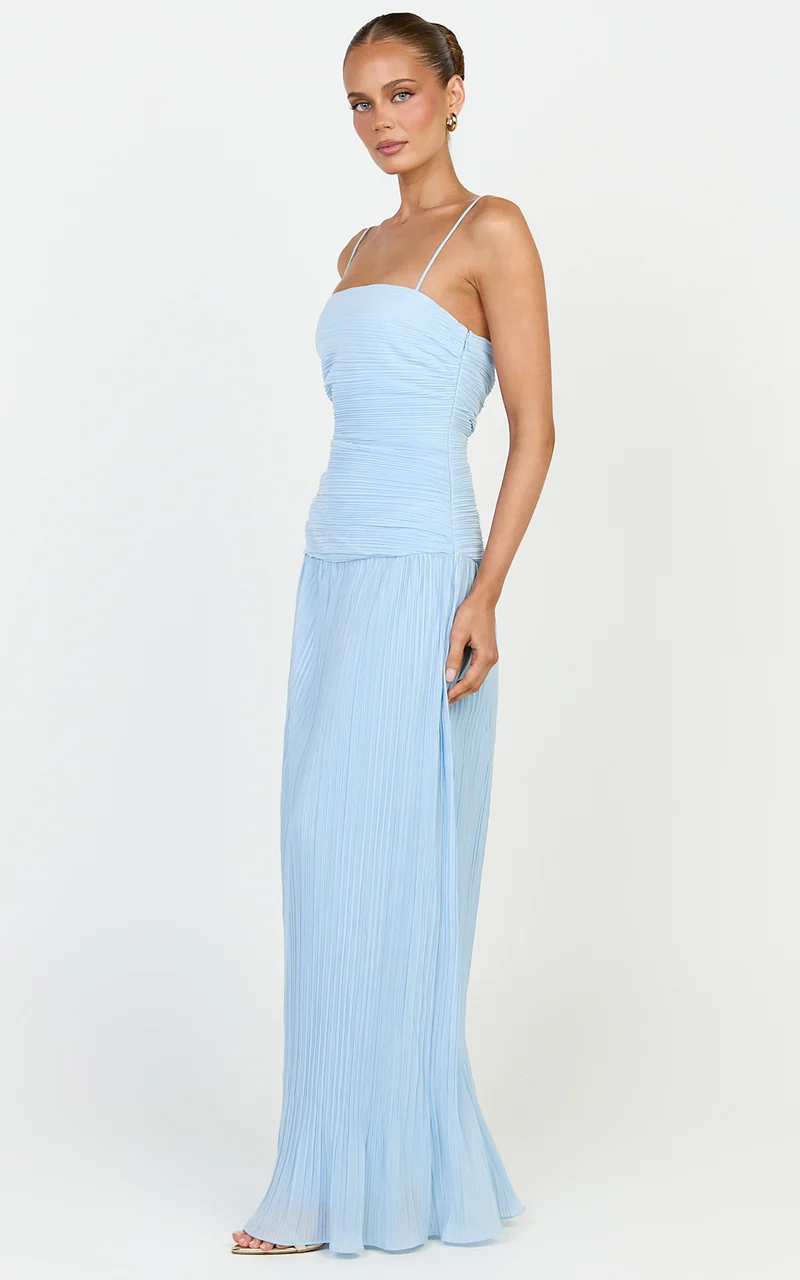 Ashlee Maxi Dress - Strapless Plisse Dropped Waist Split Leg Dress in Light Blue