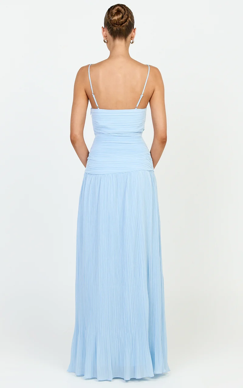 Ashlee Maxi Dress - Strapless Plisse Dropped Waist Split Leg Dress in Light Blue