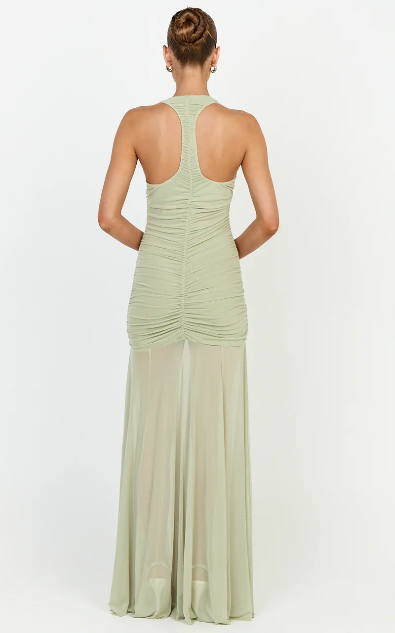 Kori Maxi Dress - Ruched Halterneck Mesh Dress With Racer Back in Sage