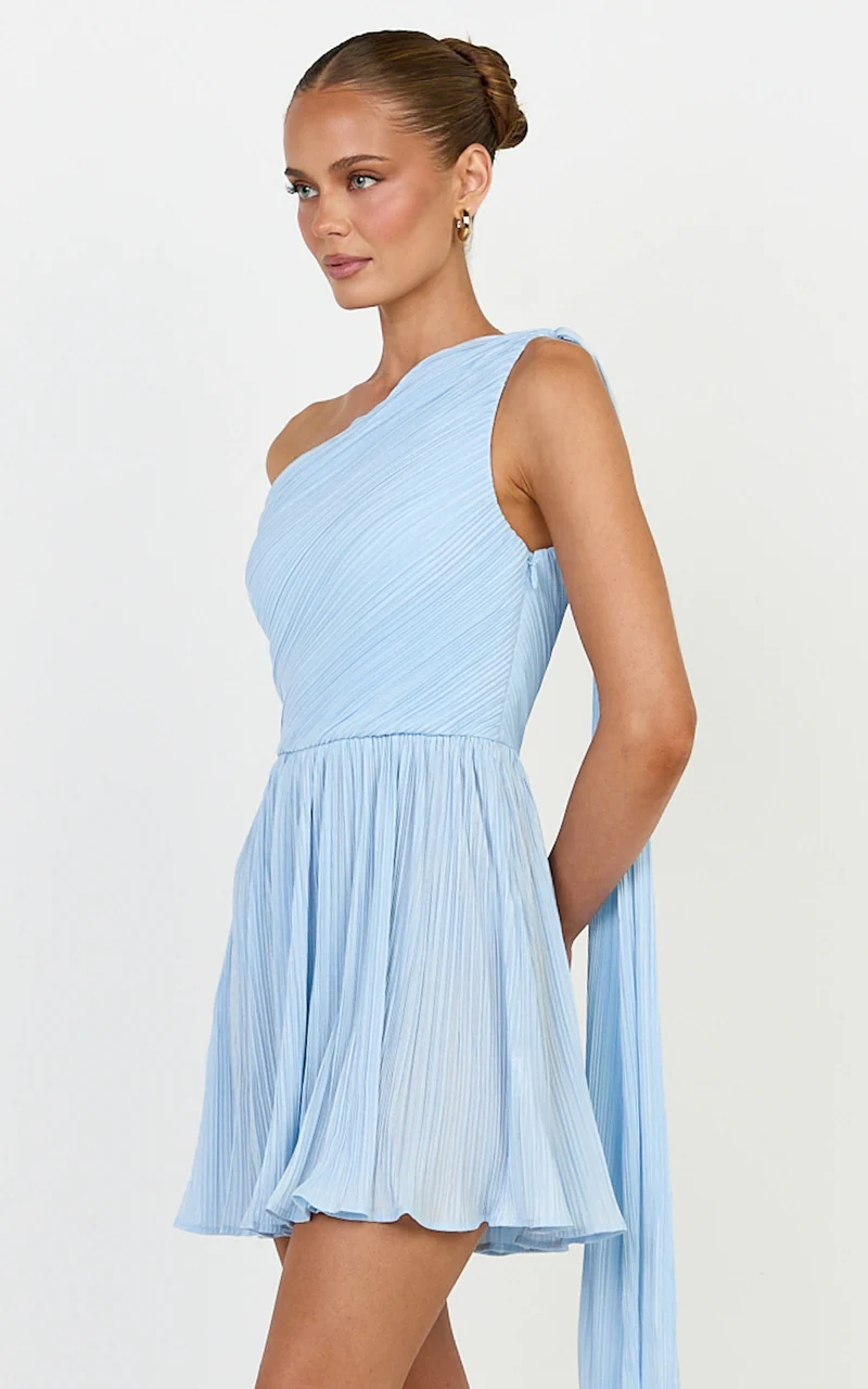 Missy Mini Dress - Plisse One Shoulder Sash Detail Dress in Light Blue