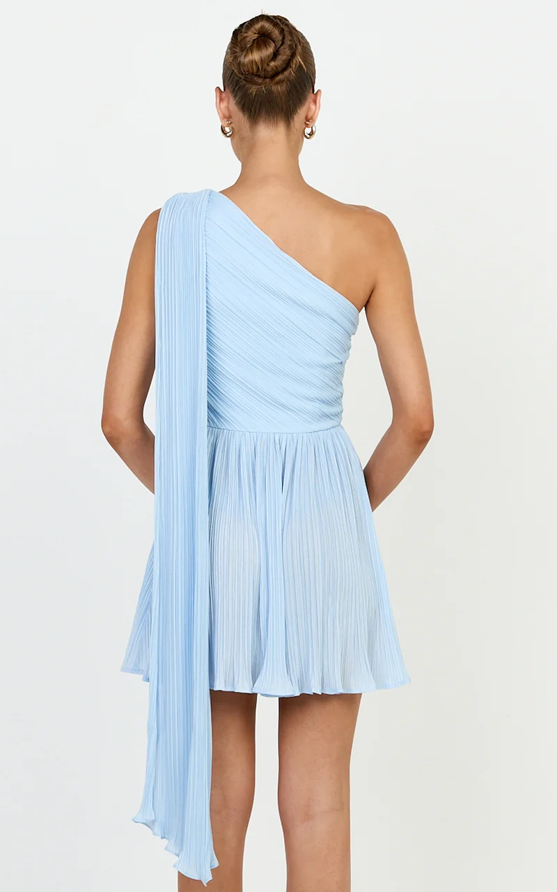 Missy Mini Dress - Plisse One Shoulder Sash Detail Dress in Light Blue