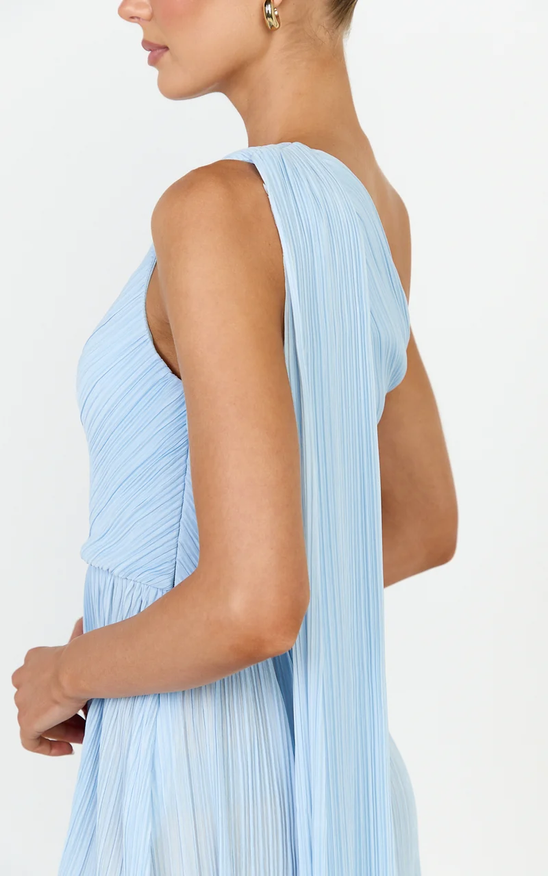 Missy Mini Dress - Plisse One Shoulder Sash Detail Dress in Light Blue