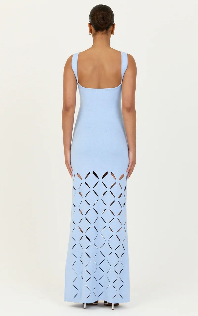Sabrina Maxi Dress - Scoop Neck Laser Cut Dress in Blue