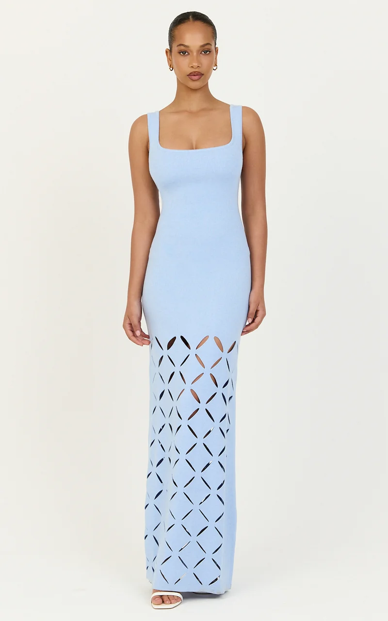 Sabrina Maxi Dress - Scoop Neck Laser Cut Dress in Blue