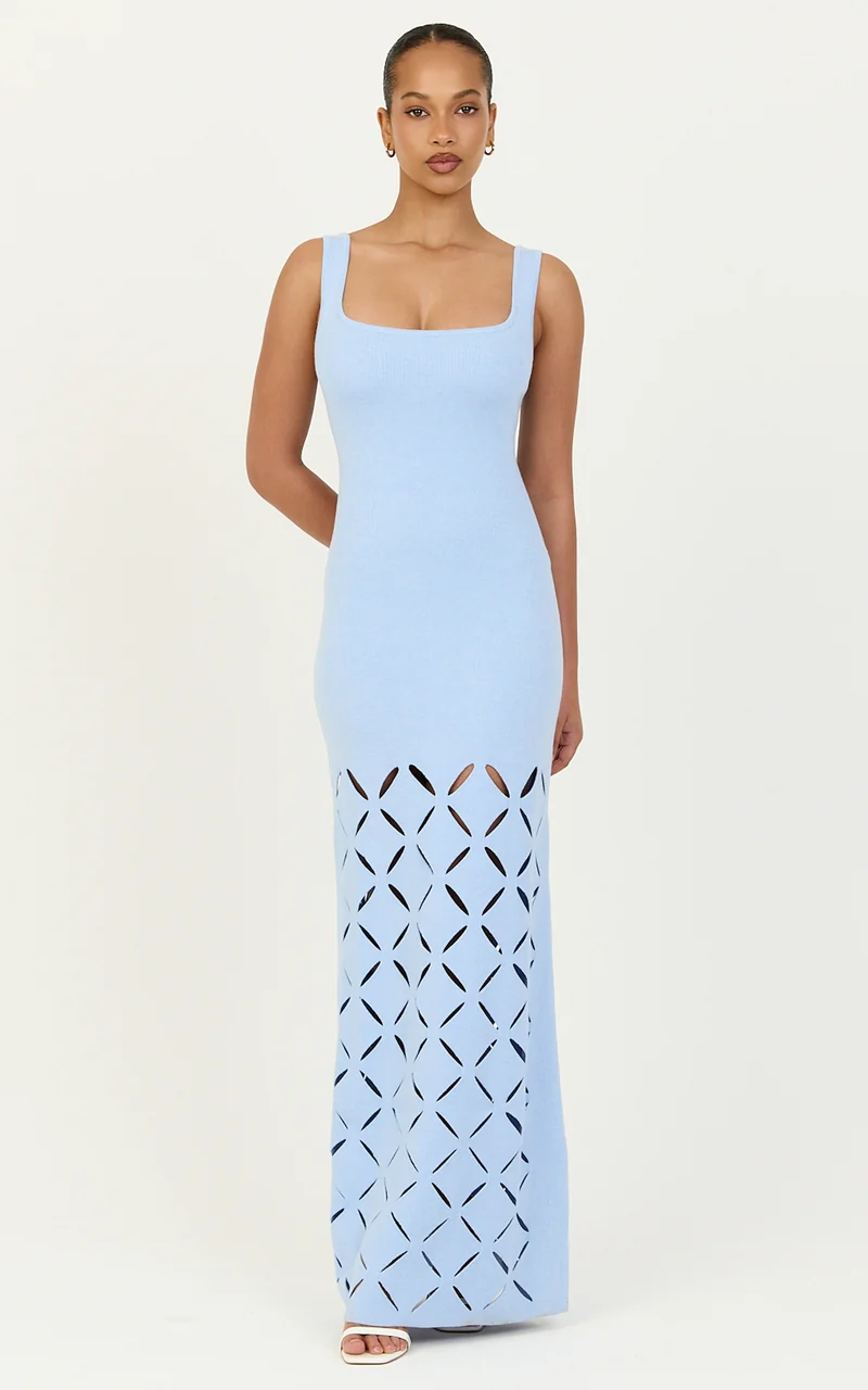 Sabrina Maxi Dress - Scoop Neck Laser Cut Dress in Blue