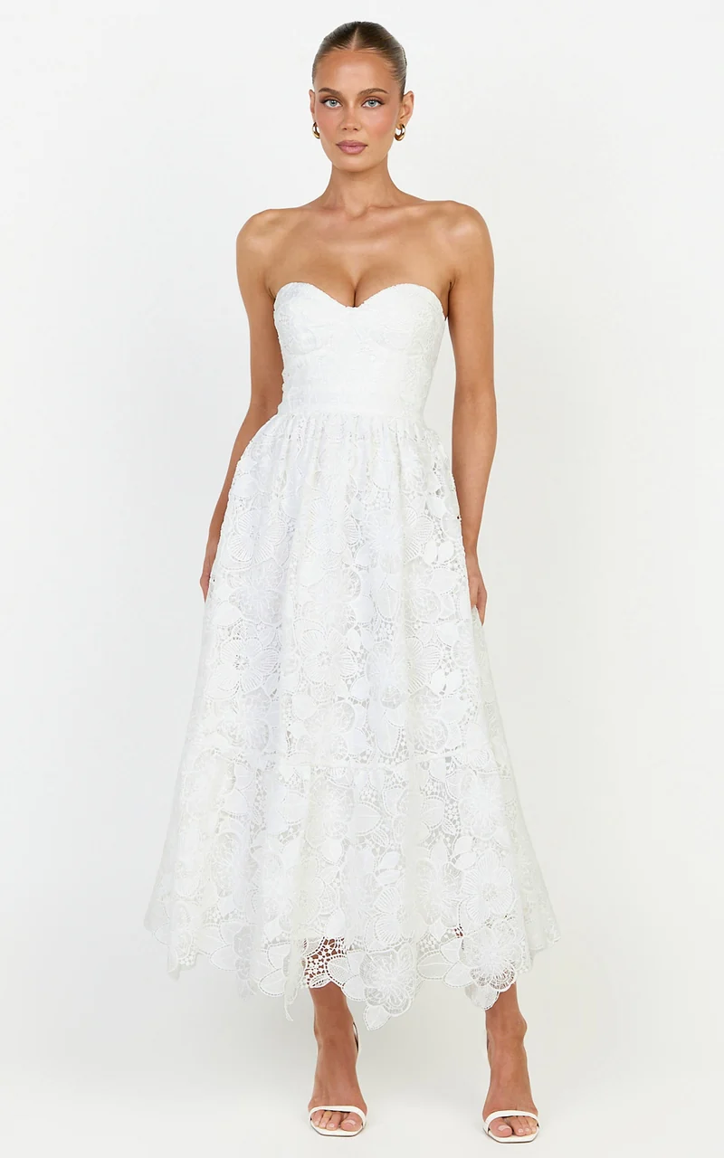 Gabriela Midi Dress - Strapless Lace Dress in White