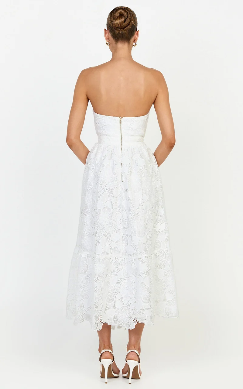 Gabriela Midi Dress - Strapless Lace Dress in White