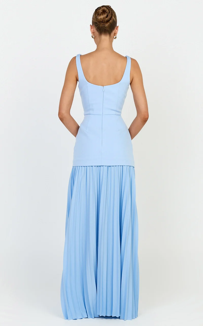 Sol Maxi Dress - Scooped Neck Contrast Pleated Dress in Light Blue