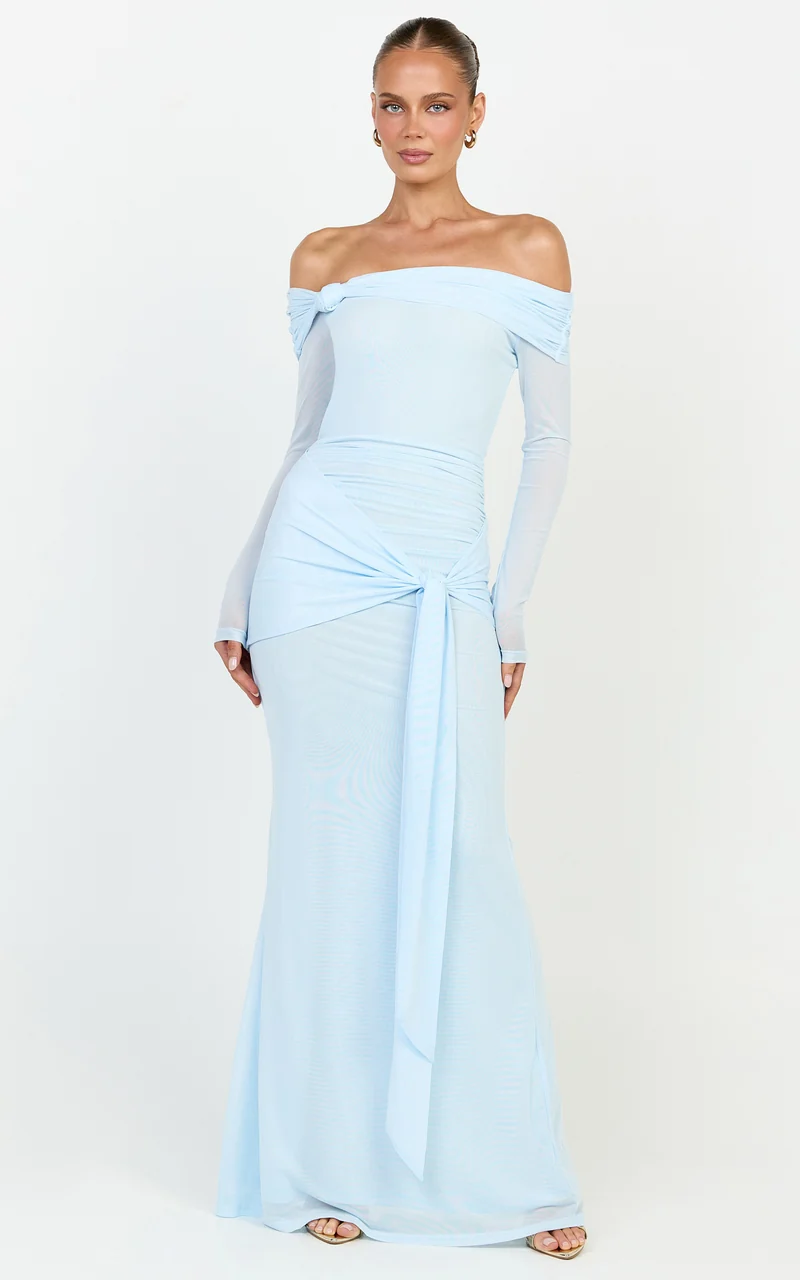 Waverly Maxi Dress - Long Sleeve Off Shoulder Dress in Blue