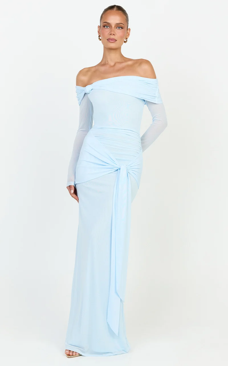 Waverly Maxi Dress - Long Sleeve Off Shoulder Dress in Blue