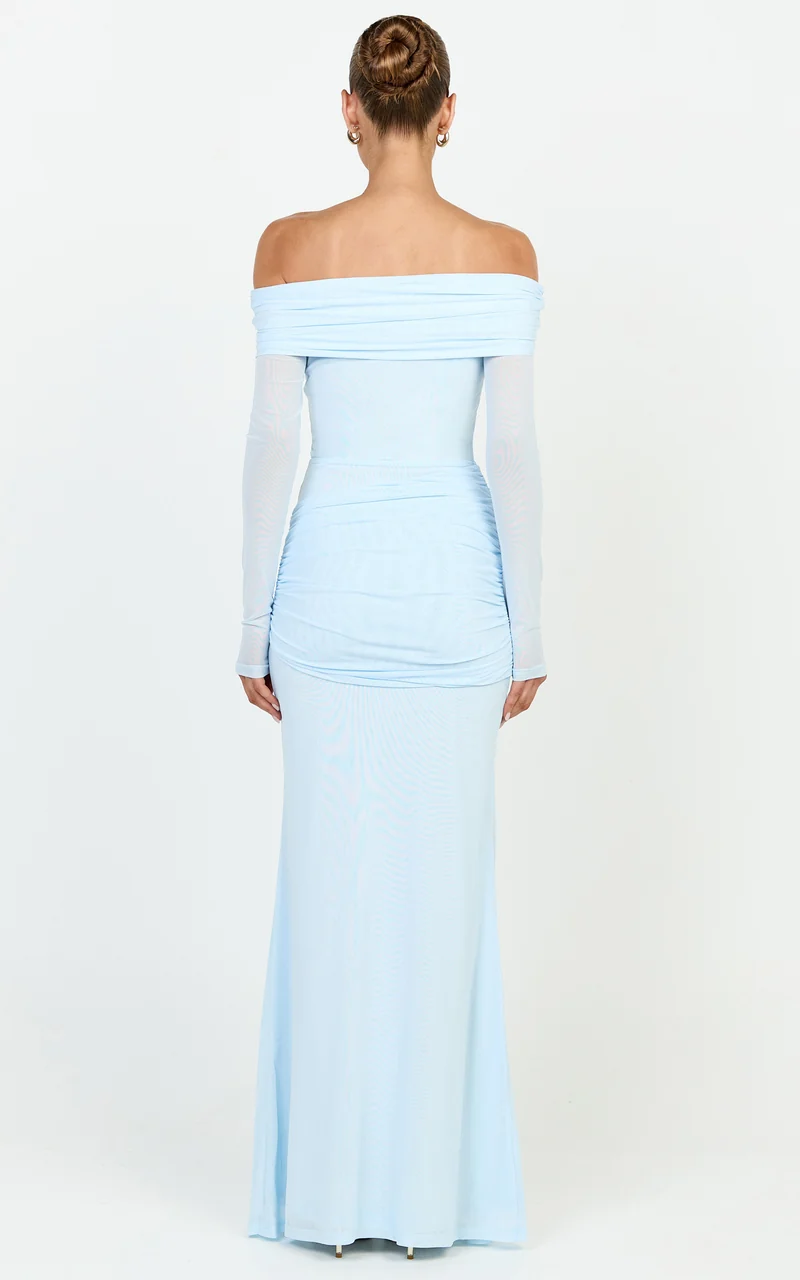 Waverly Maxi Dress - Long Sleeve Off Shoulder Dress in Blue