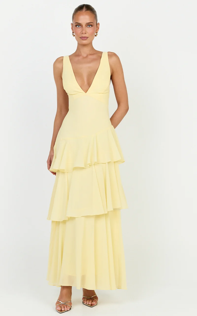 Beryl Midi Dress - Deep V Neck Sleeveless Layered Dress in Lemon