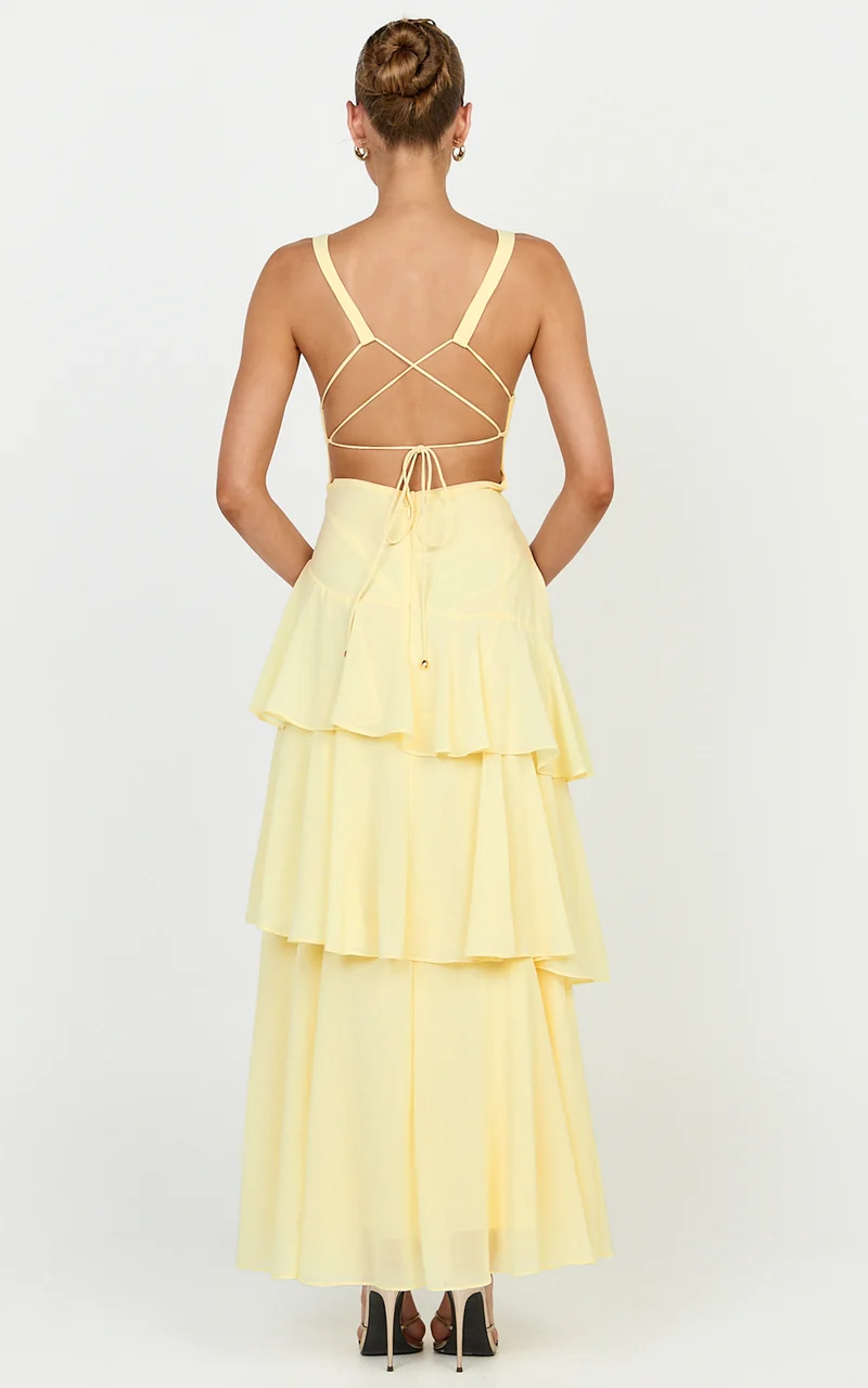 Beryl Midi Dress - Deep V Neck Sleeveless Layered Dress in Lemon