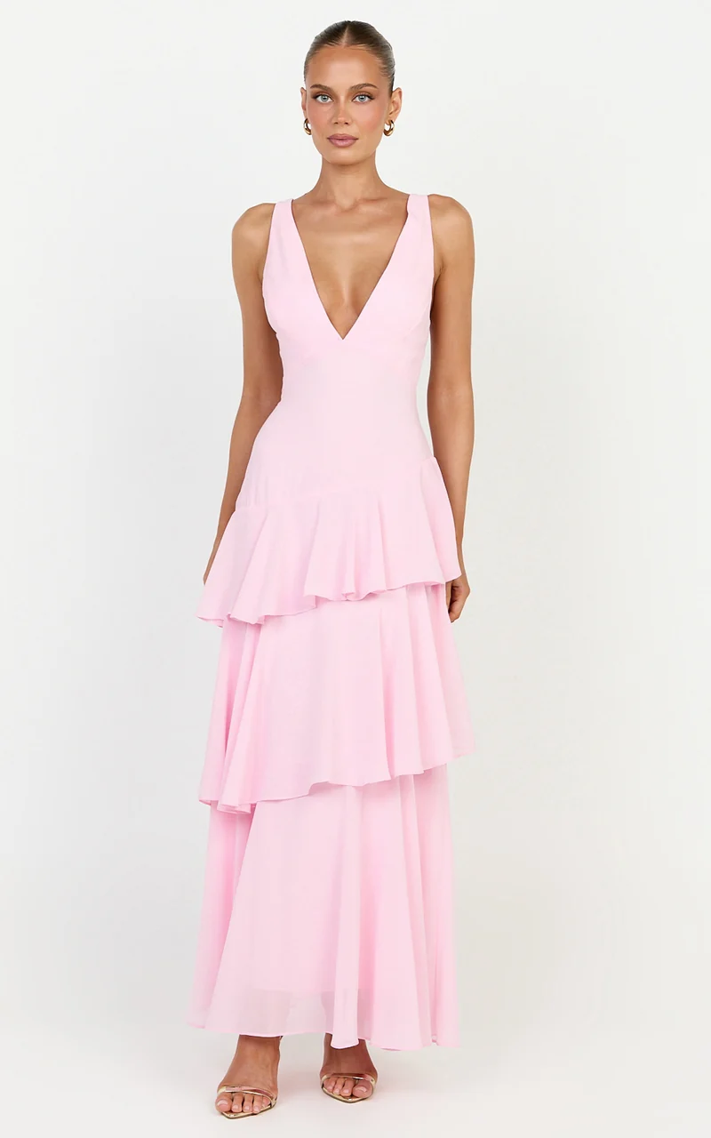 Beryl Midi Dress - Deep V Neck Sleeveless Layered Dress in Pink