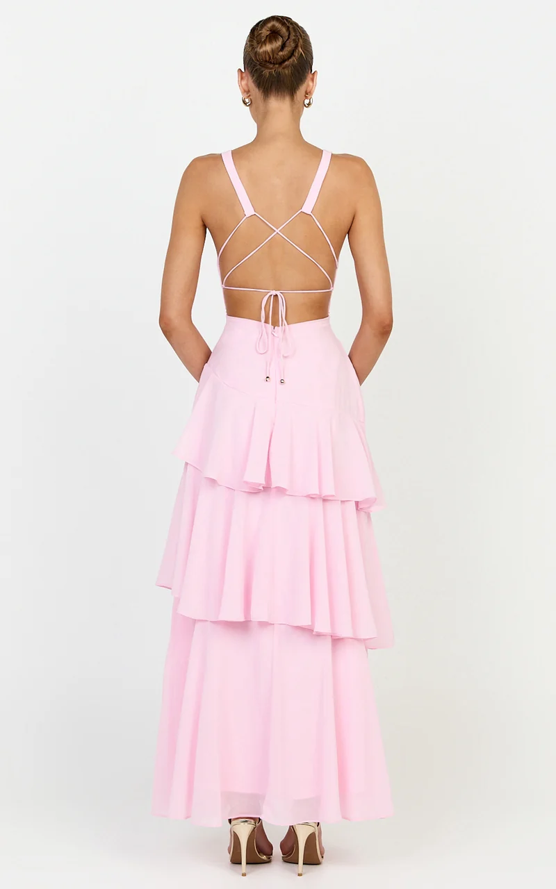 Beryl Midi Dress - Deep V Neck Sleeveless Layered Dress in Pink